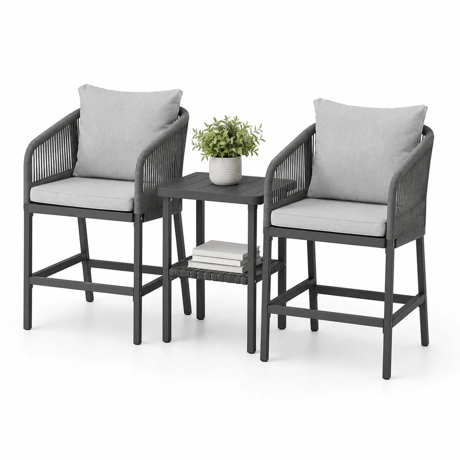 Juego de Muebles de Exterior con 2 Sillas y Mesa Cuadrada de Metal Gris con Cojín de Tela