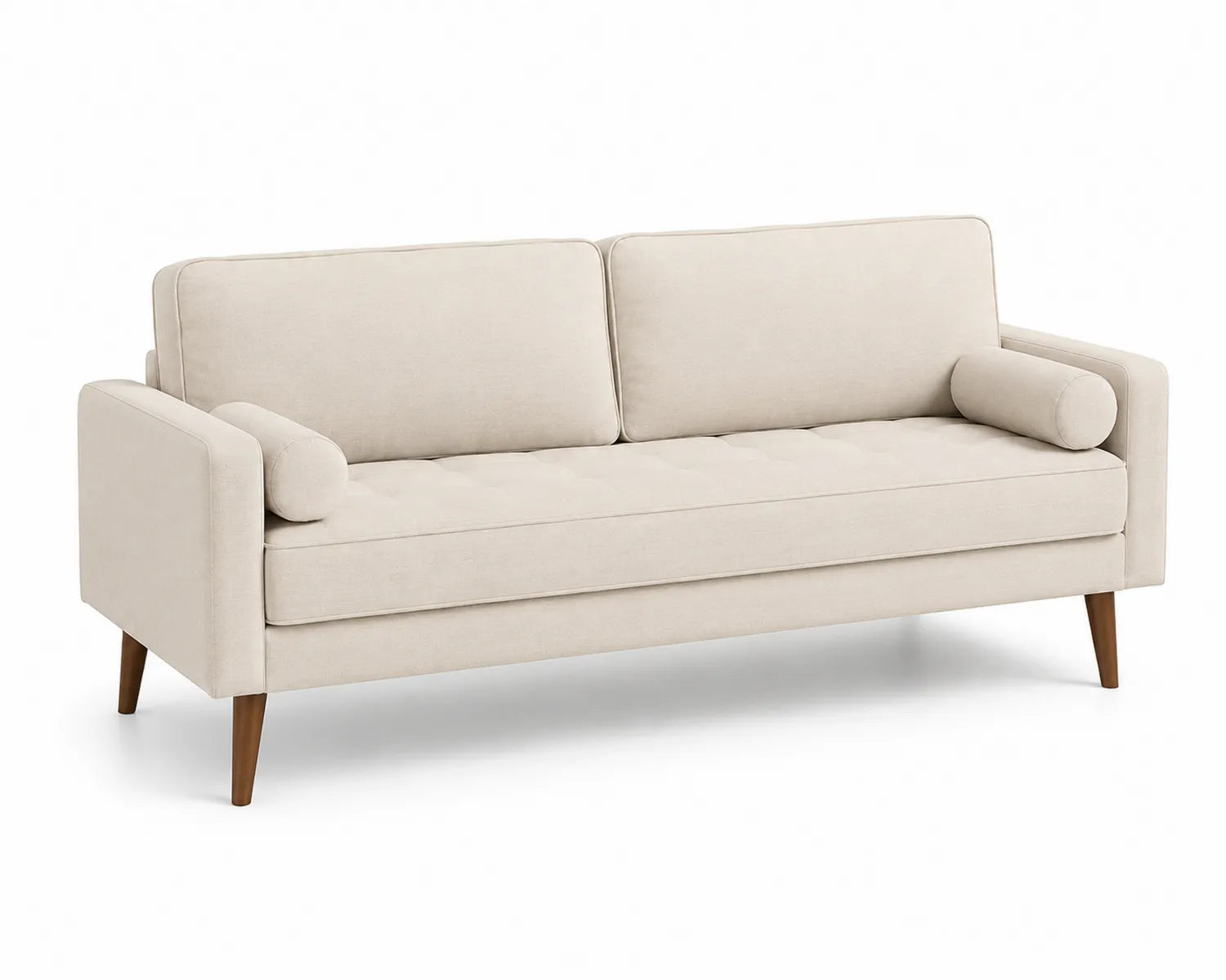 Sofá de tres plazas con tapizado de poliéster beige y patas de madera