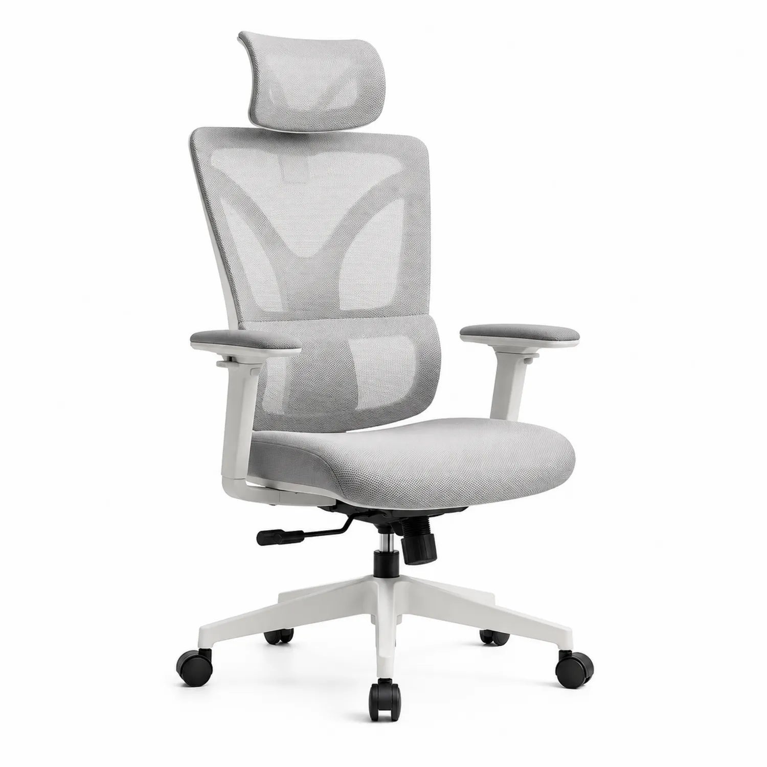 Silla de oficina ergonómica de malla gris con reposacabezas
