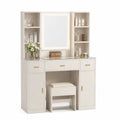 Tocador con Espejo LED y Taburete, MDF, Vidrio Templado