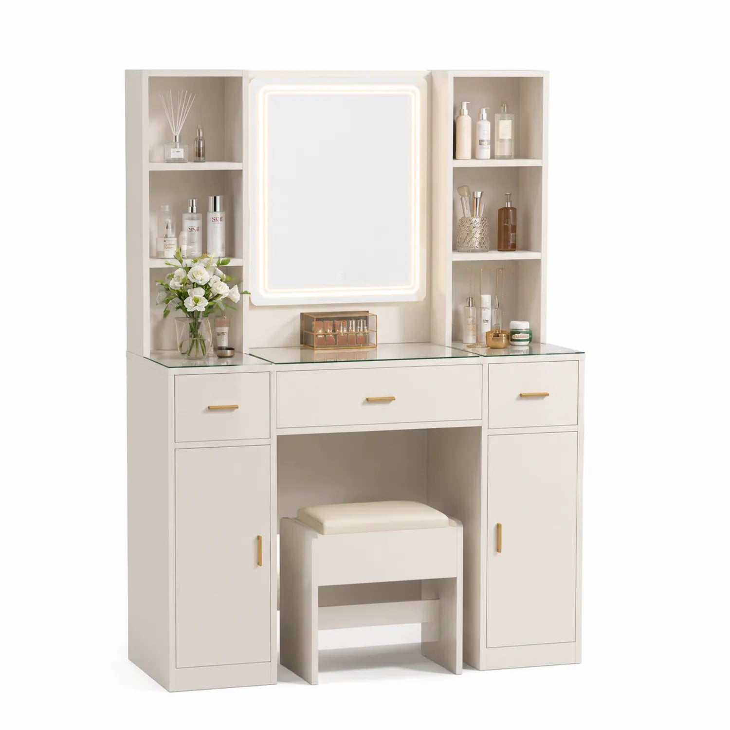 Tocador con Espejo LED y Taburete, MDF, Vidrio Templado