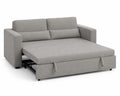 Sofá cama de tela gris con estructura de madera y metal