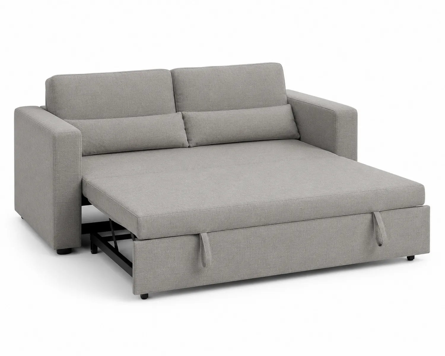Sofá cama de tela gris con estructura de madera y metal
