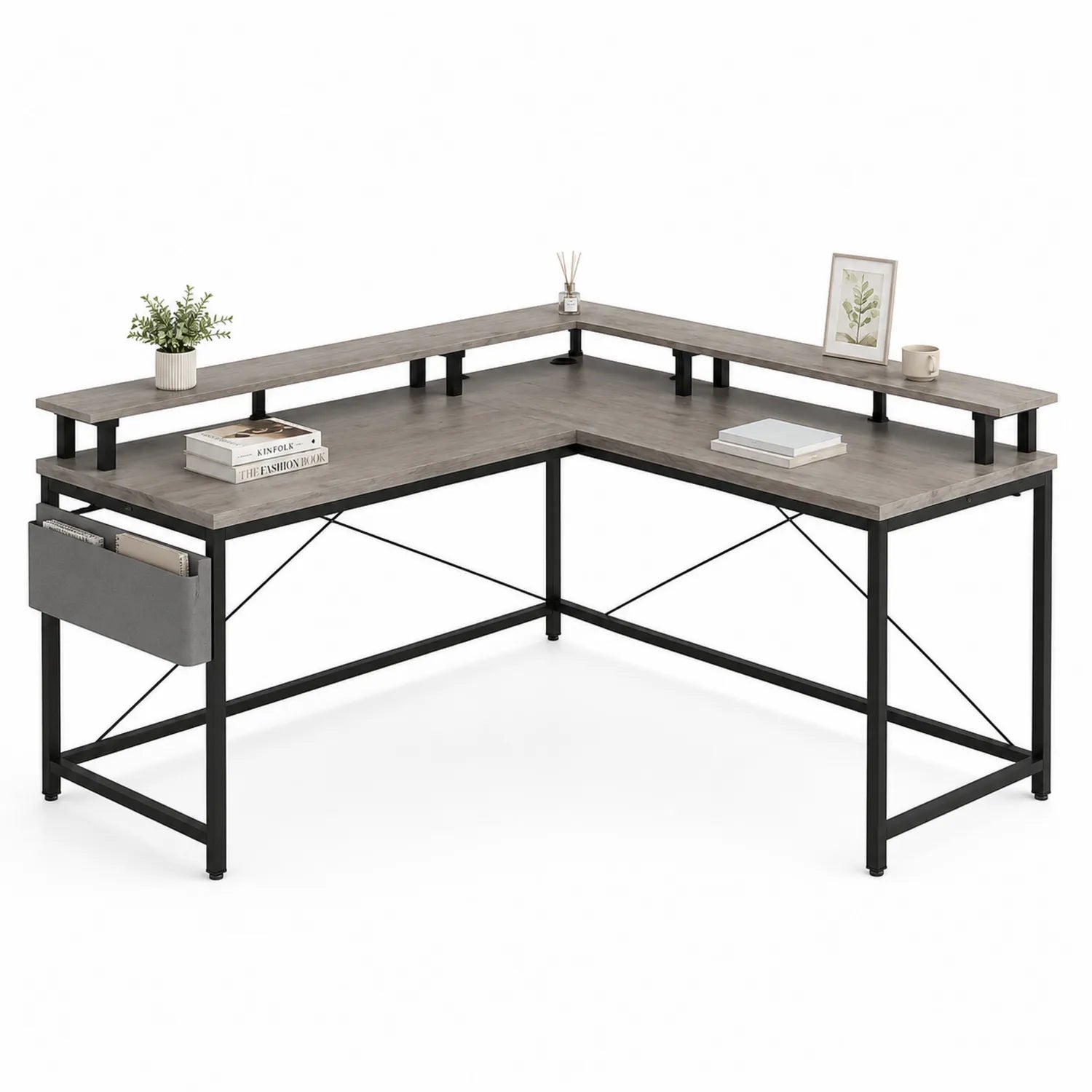Escritorio en L de MDF con estante y marco de metal negro
