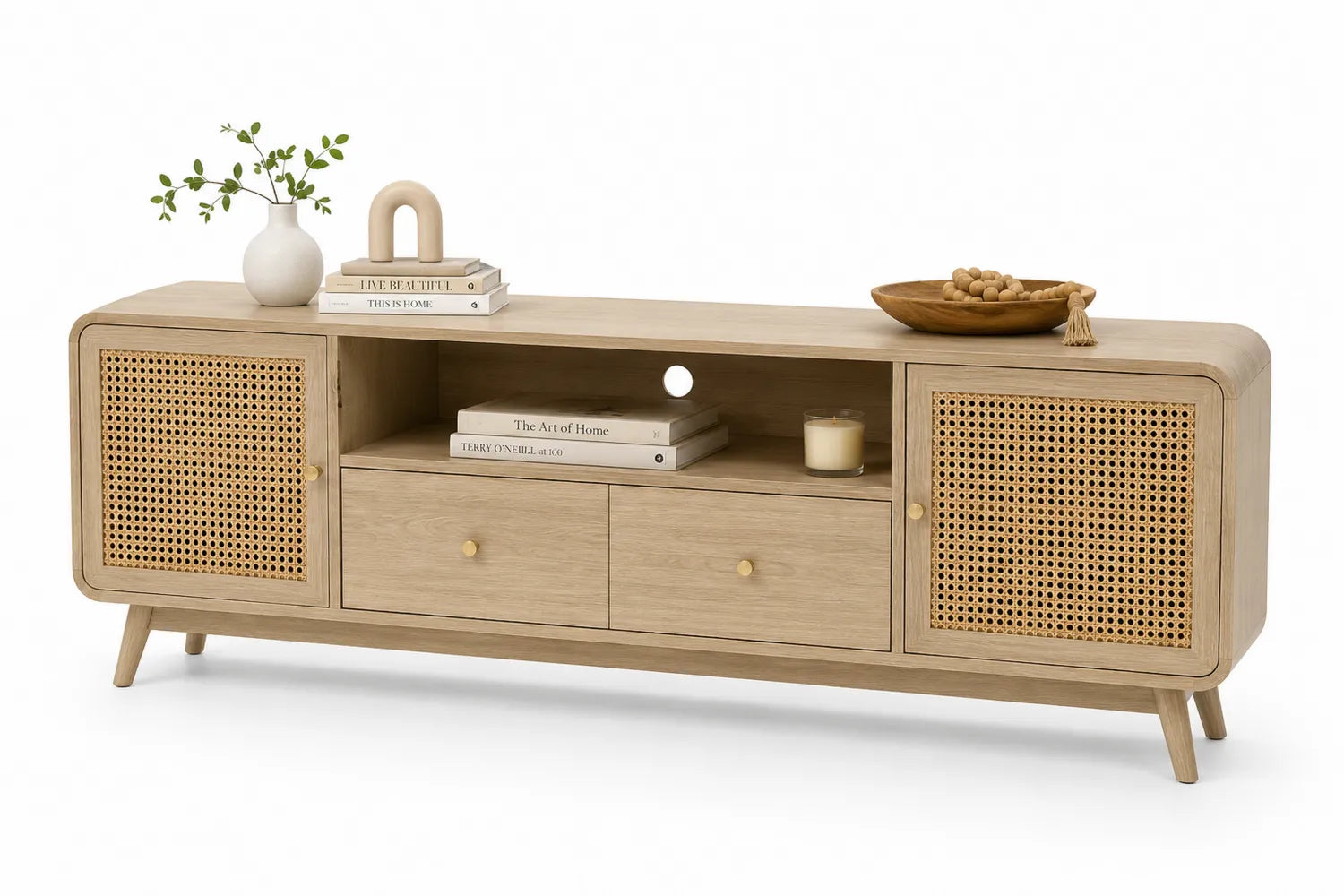Mueble de TV de madera con rejilla y cajones 180x40x60cm