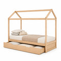 Cama infantil de madera con estructura de casa y cajón inferior, color madera clara, 200x90 cm