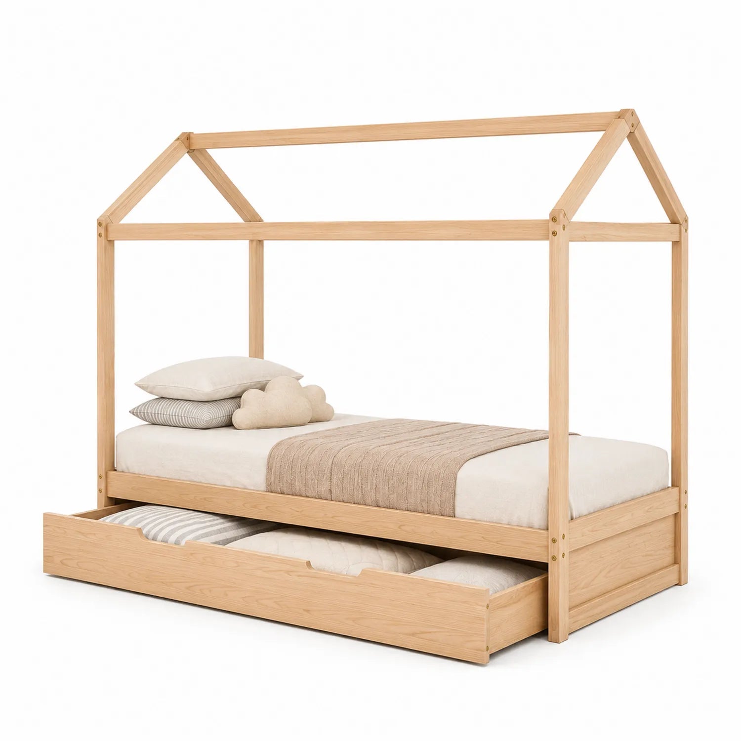 Cama infantil de madera con estructura de casa y cajón inferior, color madera clara, 200x90 cm