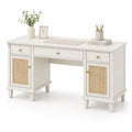 Escritorio de MDF crema con cajones y puertas de mimbre 150x60x75 cm