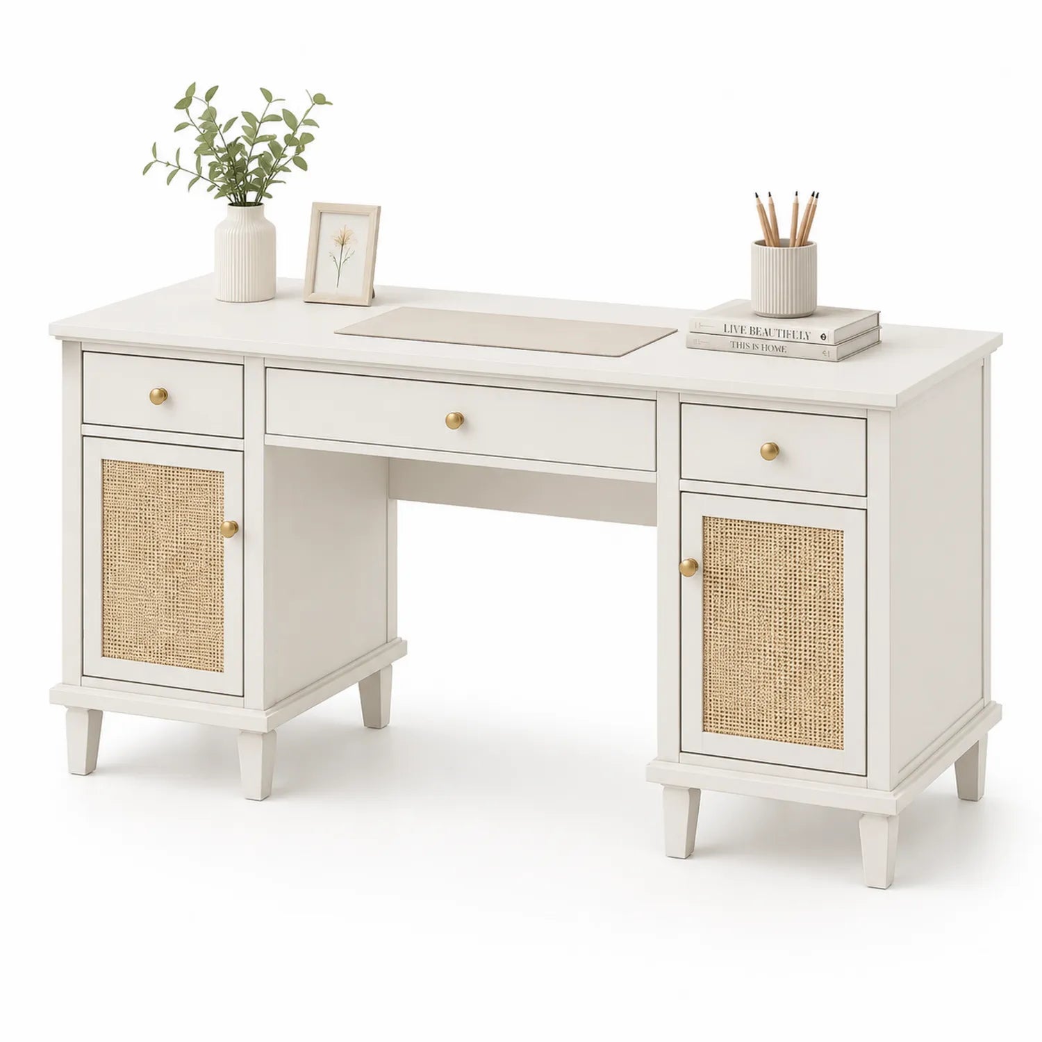 Escritorio de MDF crema con cajones y puertas de mimbre 150x60x75 cm