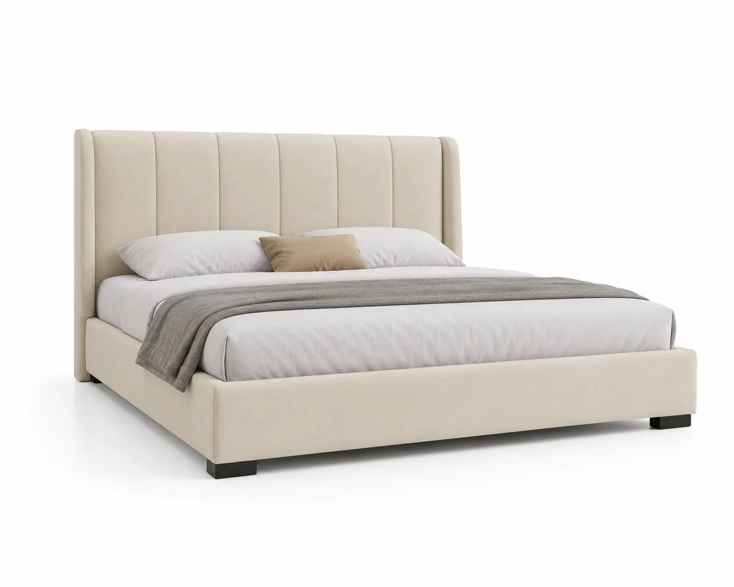 Cama tapizada en poliéster beige con cabecero acolchado 200x150 cm