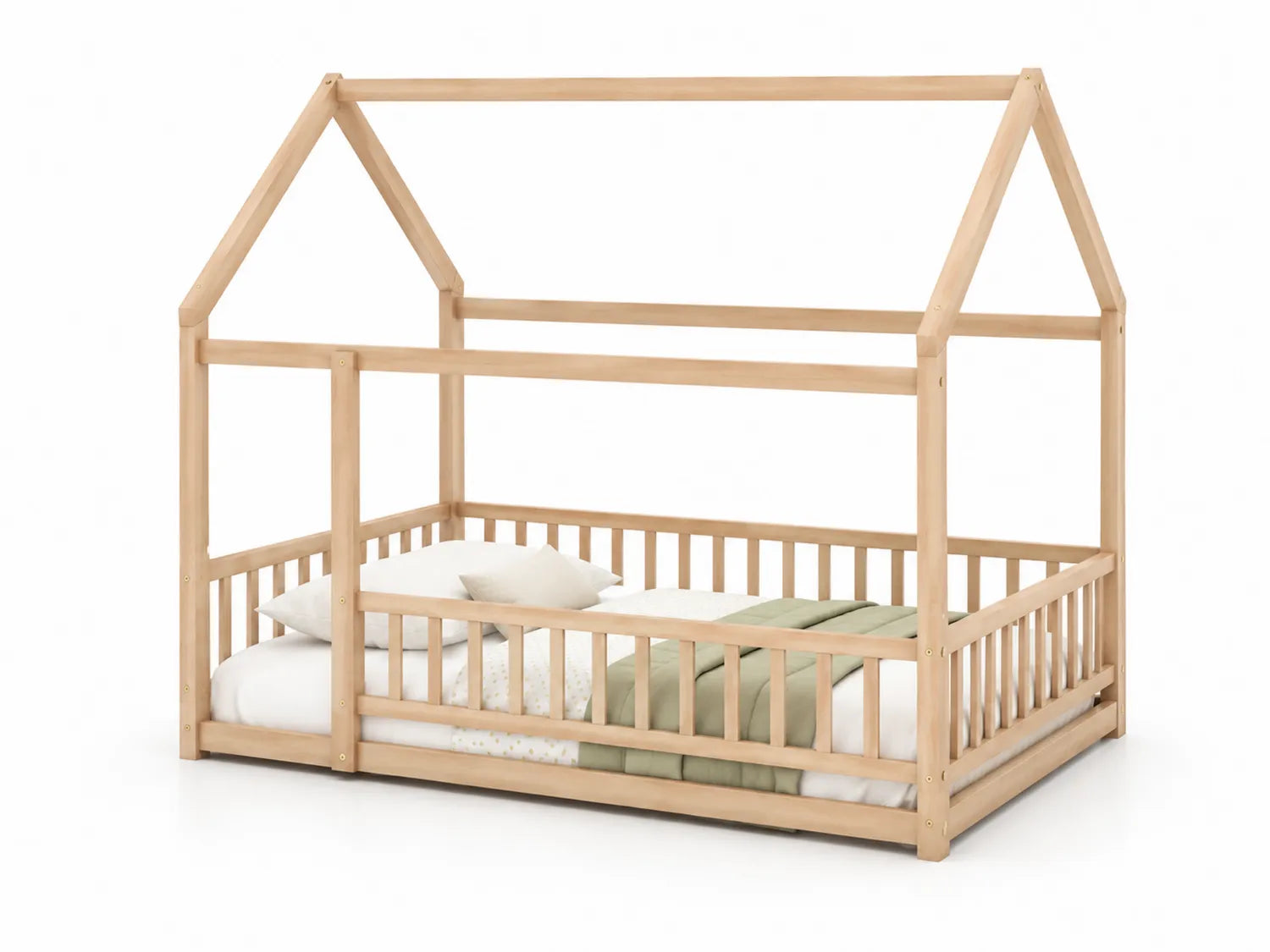 Cama infantil de madera natural con diseño de casita 200x90 cm