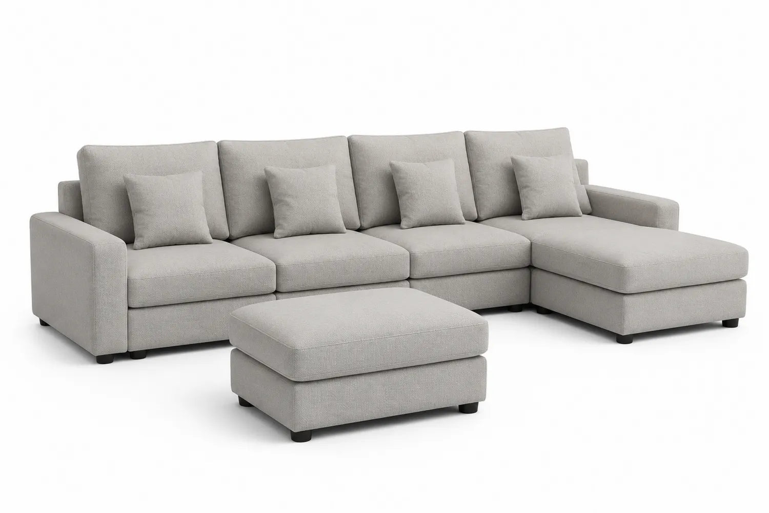 Sofá chaise longue tapizado gris claro con cojines