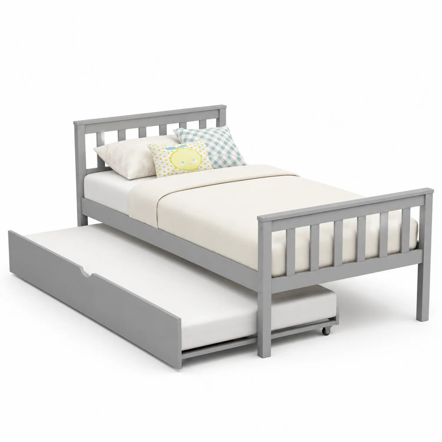 Cama nido de madera maciza gris con colchón extraíble