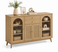 Aparador de madera con puertas de vidrio y paneles de ratán 150x40x90 cm