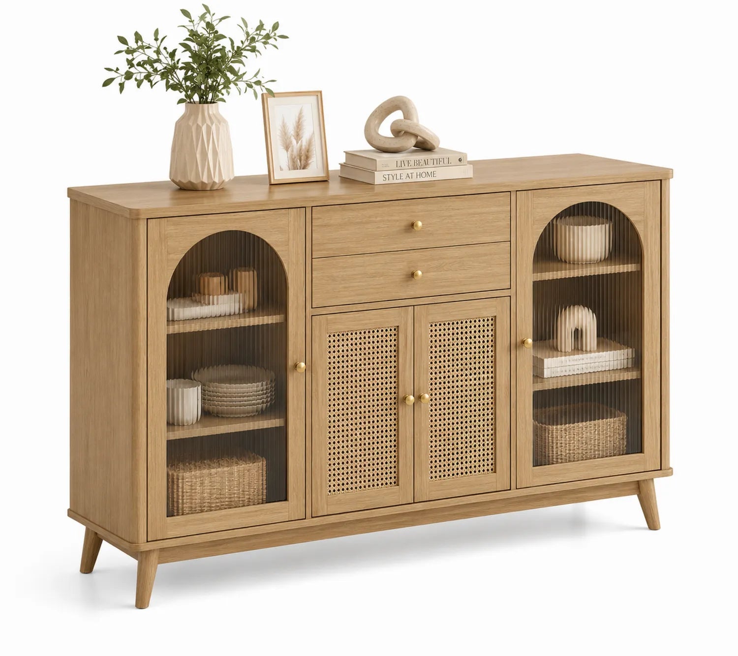 Aparador de madera con puertas de vidrio y paneles de ratán 150x40x90 cm