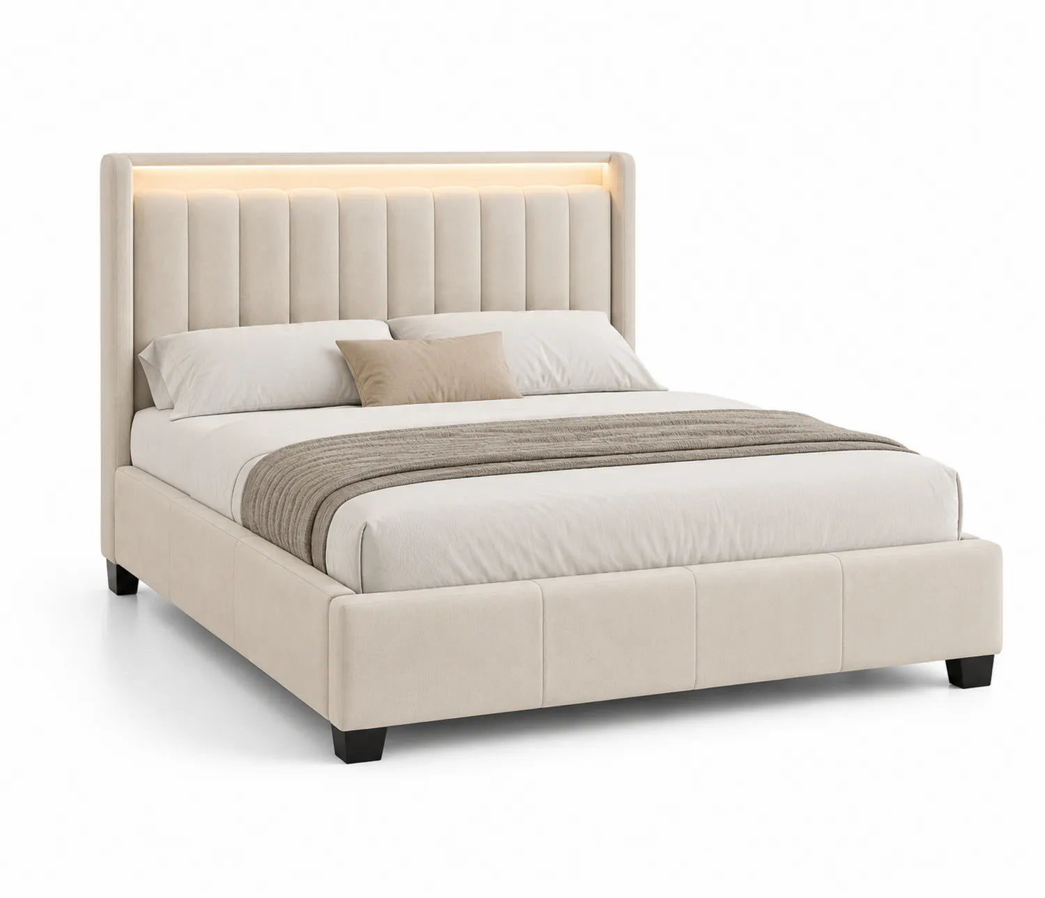 Cama de Tela Beige con Cabecero Acolchado y Luz LED