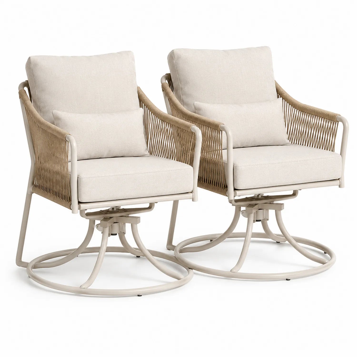 Conjunto de 2 sillas giratorias de aluminio y cuerda con cojines beige