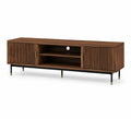 Mueble de TV de madera de nogal con puertas correderas y estantes de acero 180x45x50 cm