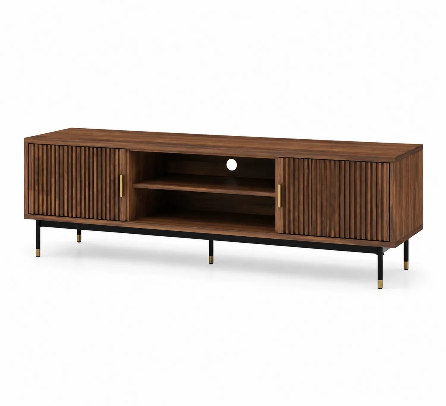 Mueble de TV de madera de nogal con puertas correderas y estantes de acero 180x45x50 cm