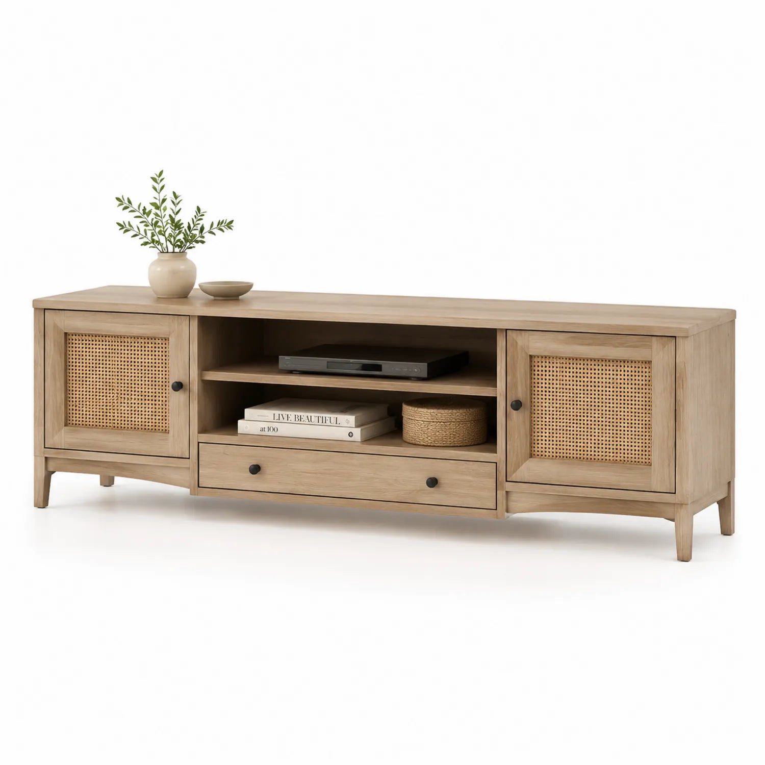 Mueble para TV de Roble Claro con Puertas de Rejilla de Ratán