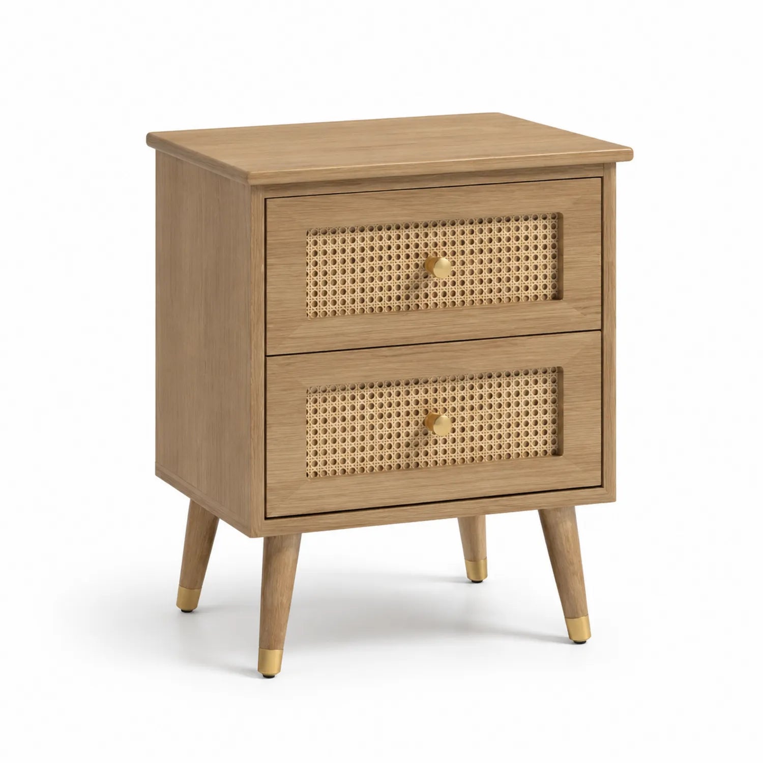 Mesita de noche de madera con cajones de ratán, color Natural, 60 cm de alto
